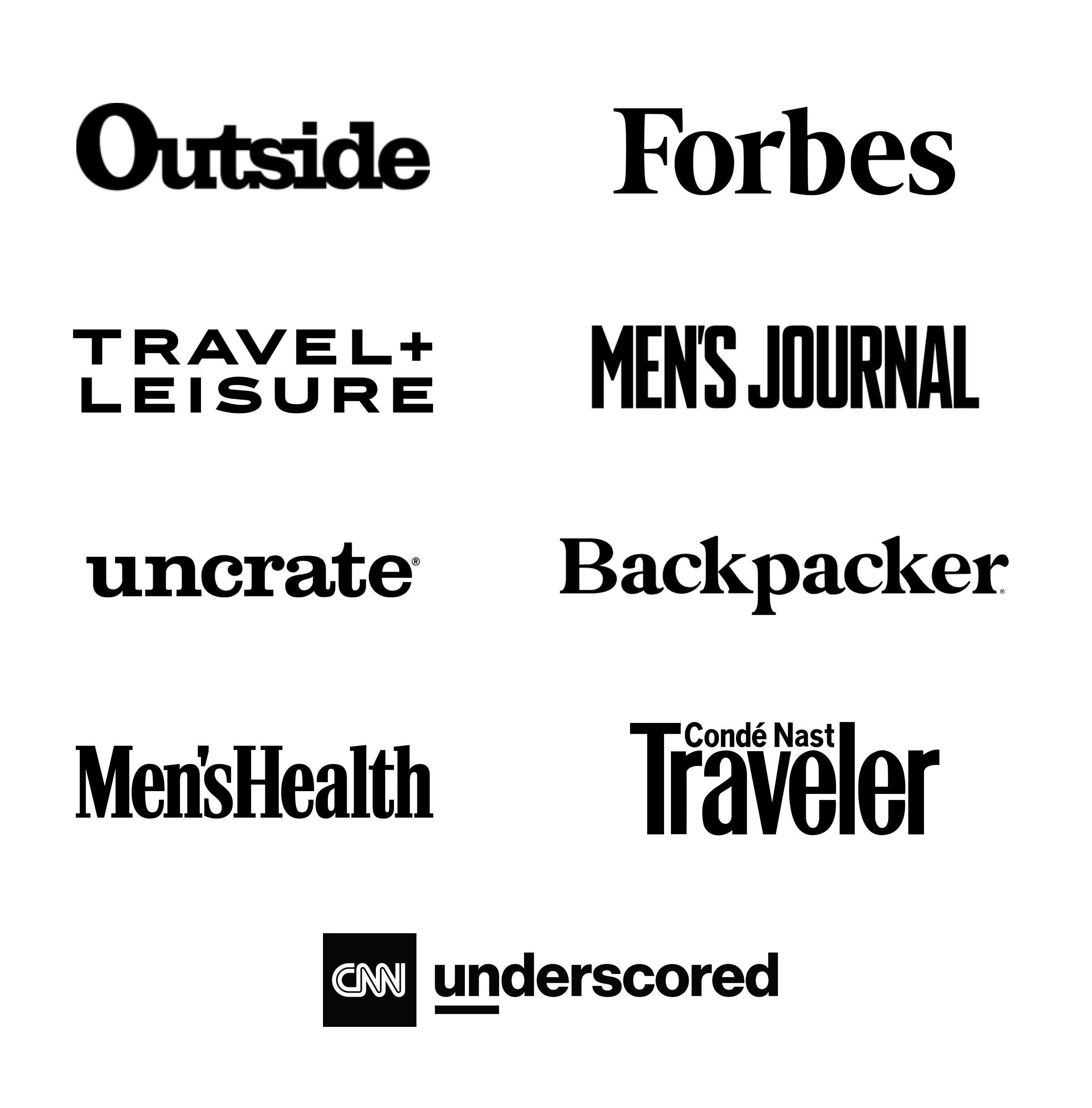 Outside Magazine, Forbes, Travel + Leisure, Men's Journal, uncrate, Backpaker, Men's Health, Conde Nast Travel, CNN underscored logos.