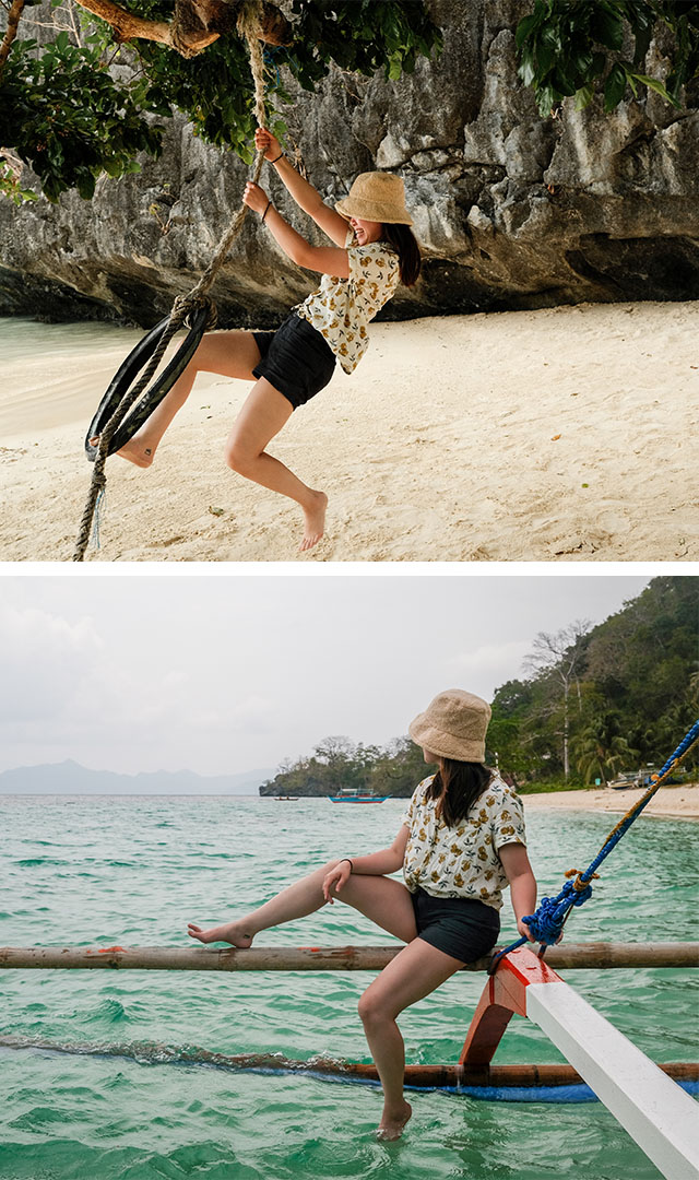 Two images of Maggie having fun at a beach and on a boat.