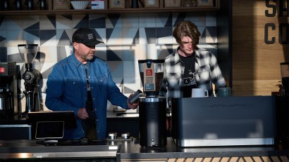 Taylor pulling espresso shots in Urban Sailor Coffee, Salt Lake City