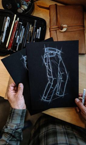 Manny's Illustrations of pants, drawings and a pencil case 