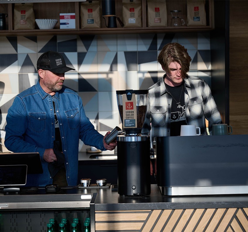 Taylor pulling espresso shots in Urban Sailor Coffee, Salt Lake City
