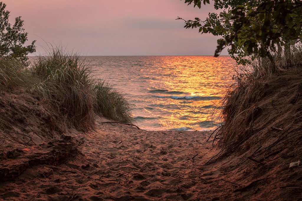 Sunset on Lake Michigan shot from the dunes of Saugatuck