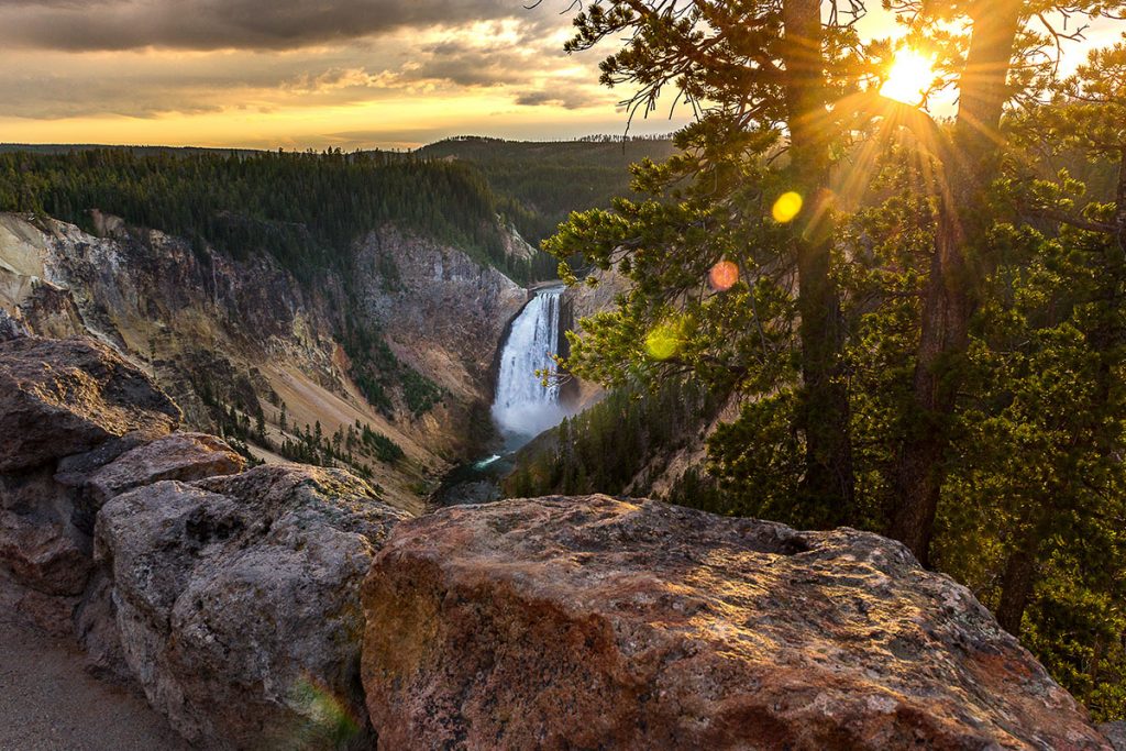 Sunset and Overlook of Waterfall at the Grand Canyon of the Yellowstone