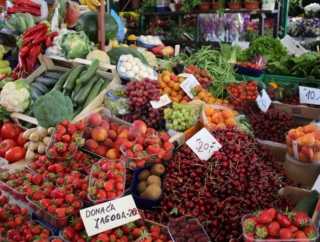 Croatia green market with fruits and vegetables.