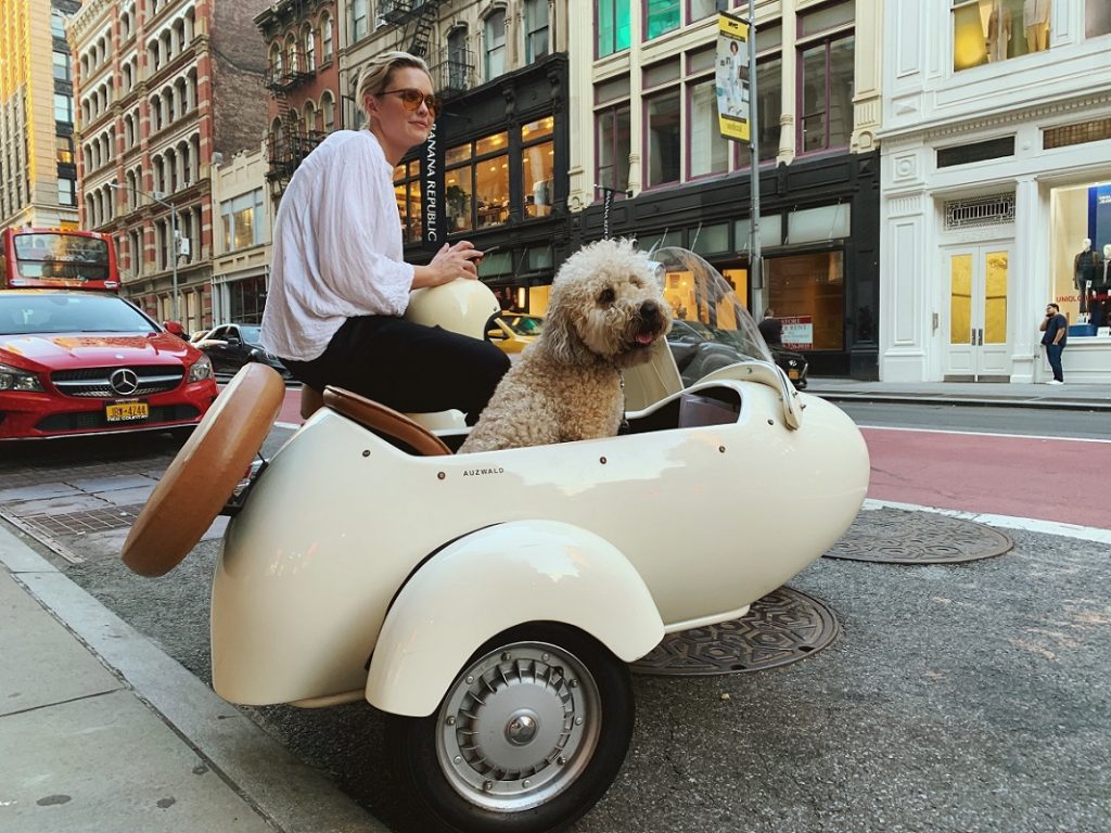 woman in white shirt next to a dog in white motorbike seat
