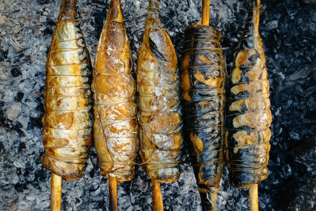 skewered fish cooking over campfire