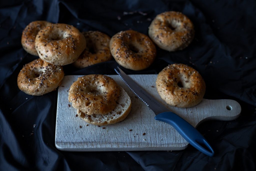 brown bagels on gray tray 