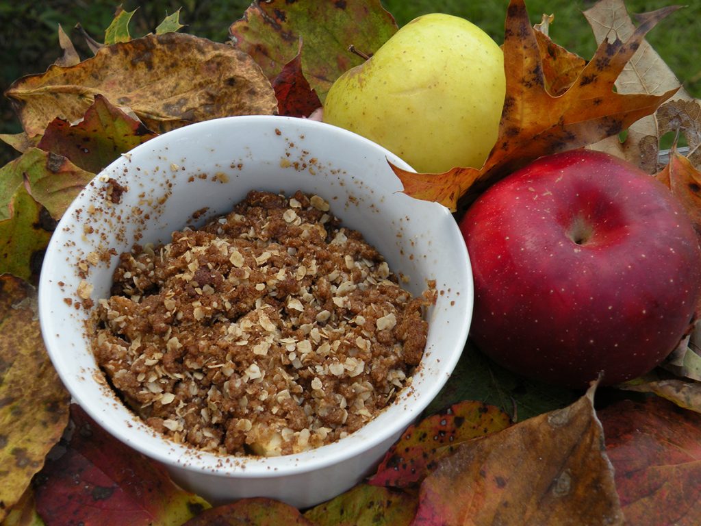 granola in a white bowl next to red apple
