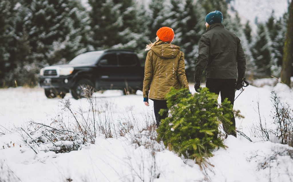 man and woman in KUHL jackets pulling christmas tree 