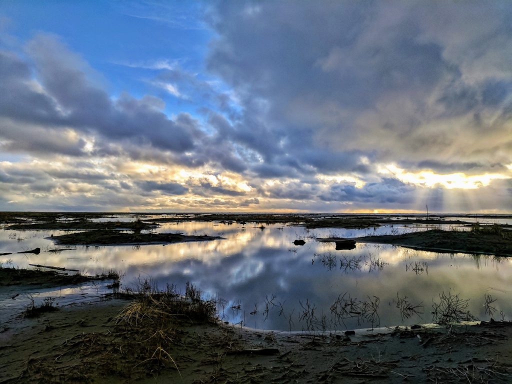 A landscape image of a cloudy sky reflecting on a muddy pool of water.