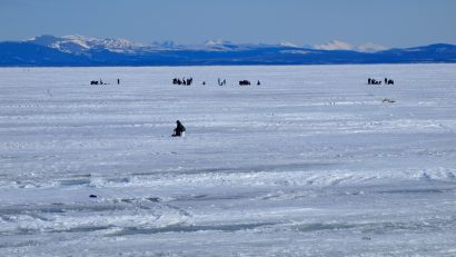 Fishing for sheefish on the Kotzebue sound during the winter.