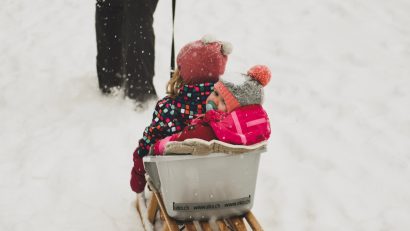 Two kids on a sled, winter day.