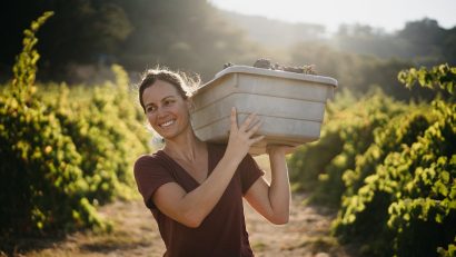 Wine and Adrenaline article, woman carrying grapes in wine country, dressed in KUHL clothing