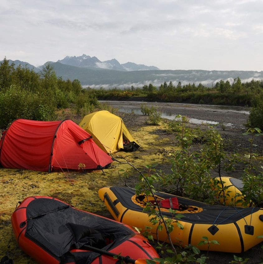 Packrafting camp on the Tokositna River, in Alaska's Denali National Park.