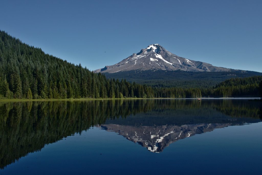 snowy mountain reflecting in blue body of water surrounded by green trees