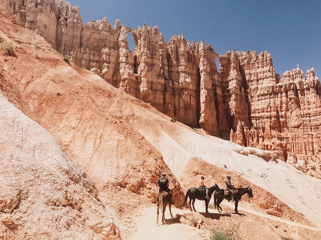 people horseback riding on path in front of red rock formations