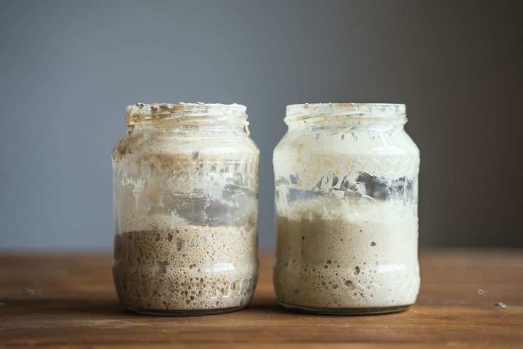 Glass jars with dough leaven
