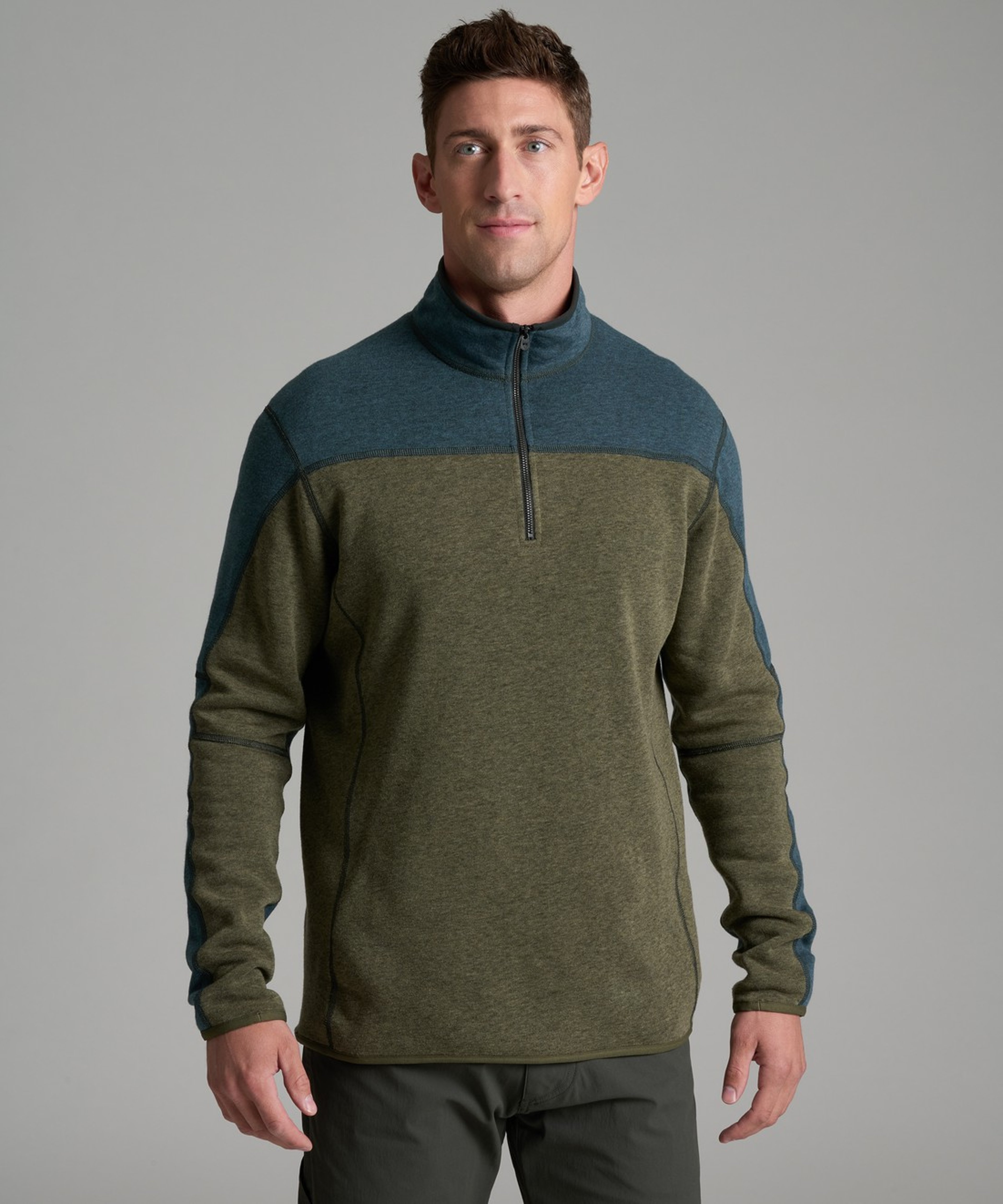 KUHL Revel Colorblock 1/4 Zip Storm Blue / Moss Stone Front