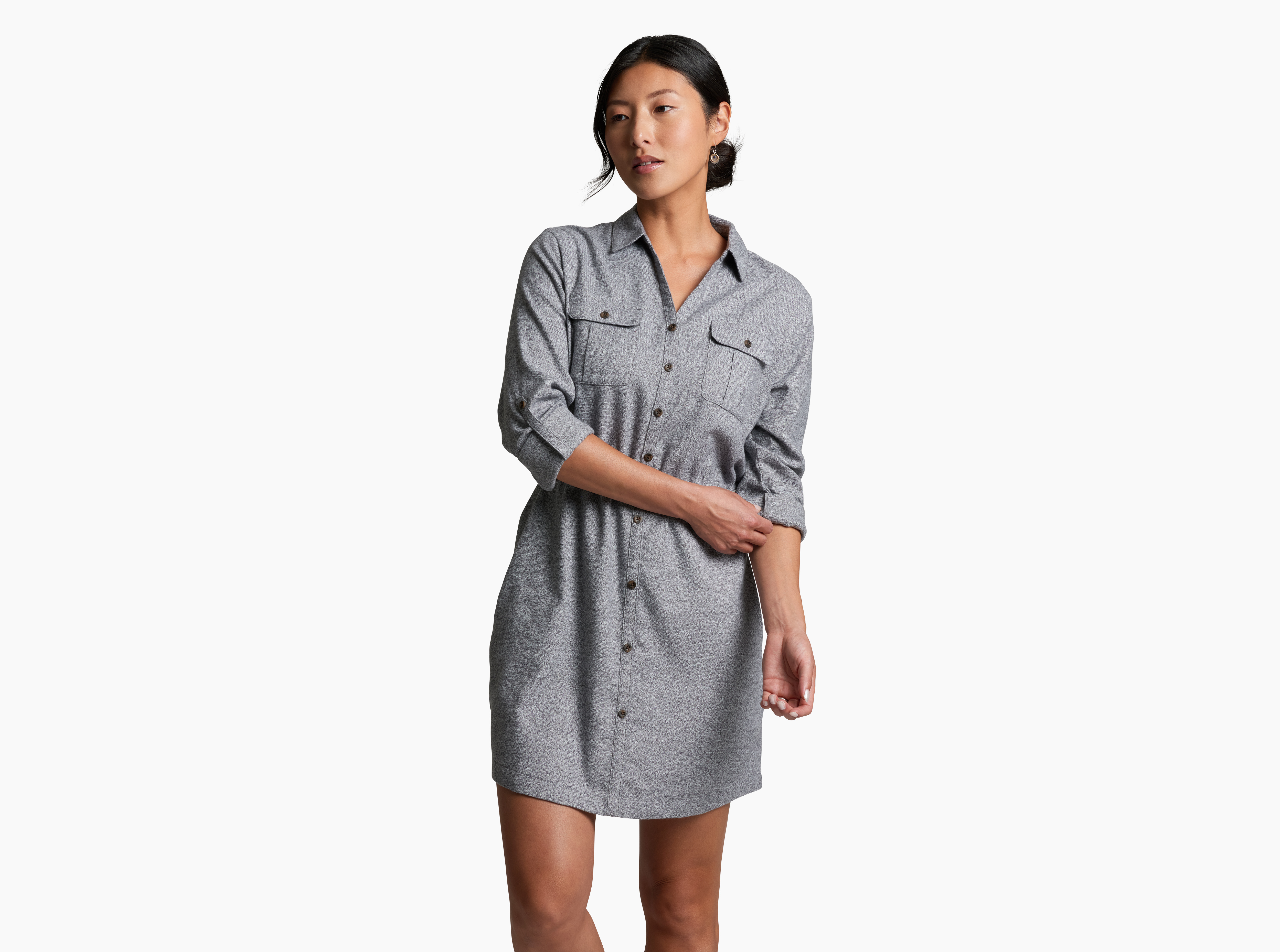 grey flannel dress Ash Grey Warm Cotton Flannel High Neck Midi Dress 46" / Custom Height (Free)
