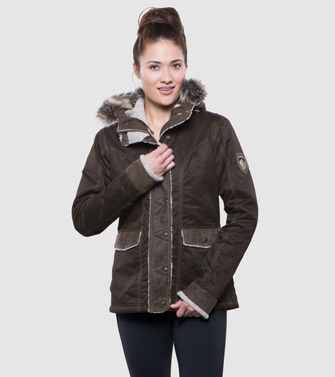 A studio image of women's winter hiking jacket - Arktik Jacket in Olive color